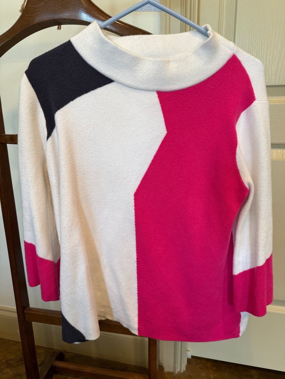 Women’s Colorblock Cowl Neck Sweater in Hot Pink and White